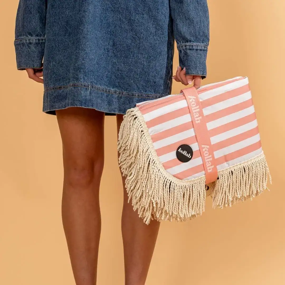 Fringed Medium Picnic Mat Coral Stripe - Image 3