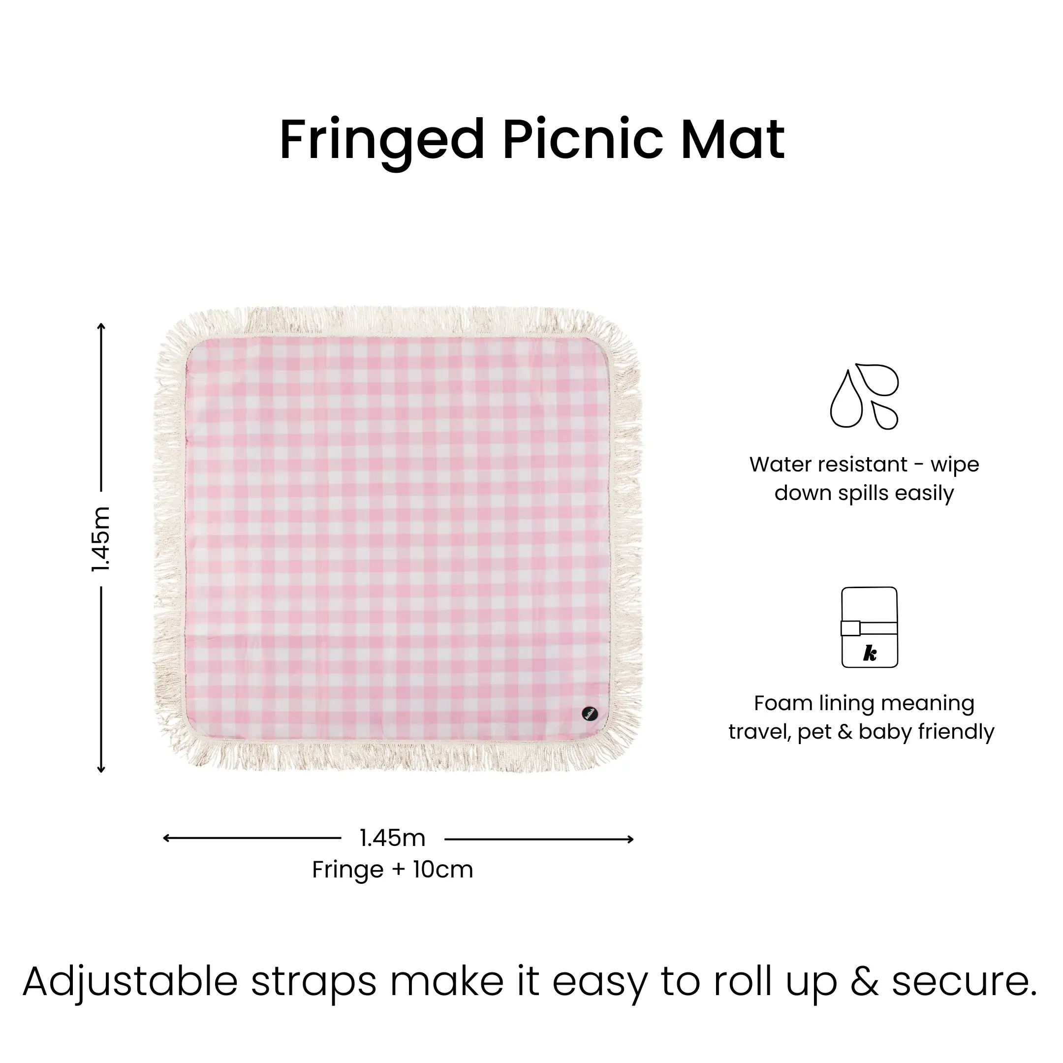 Fringed Medium Picnic Mat Candy Pink Check - Image 4